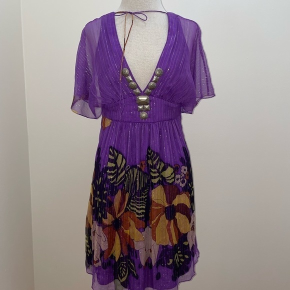 TIBI $495 Silk Dress Sz 10 Purple Floral Beads 100% Silk Metallic Empire Waist - Picture 2 of 14